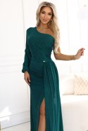 658-2 Połyskująca brokatowa sukienka maxi na jedno ramię z asymetrycznym rękawem i rozcięciem - butelkowa zieleń