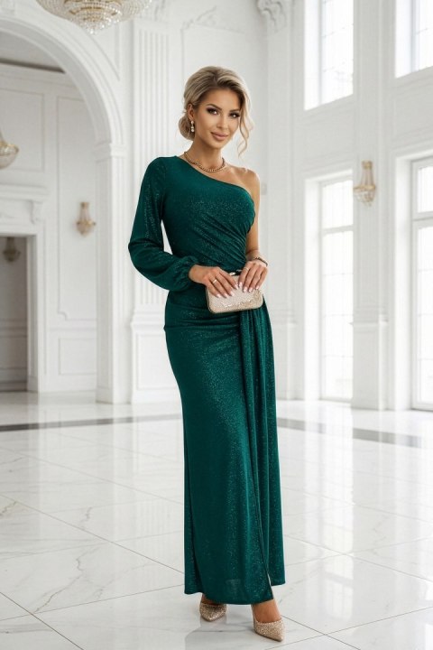 658-2 Połyskująca brokatowa sukienka maxi na jedno ramię z asymetrycznym rękawem i rozcięciem - butelkowa zieleń