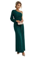 658-2 Połyskująca brokatowa sukienka maxi na jedno ramię z asymetrycznym rękawem i rozcięciem - butelkowa zieleń