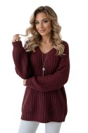 661-1 Ciepły sweter oversize o mięsistym splocie i dekolcie V - bordowy