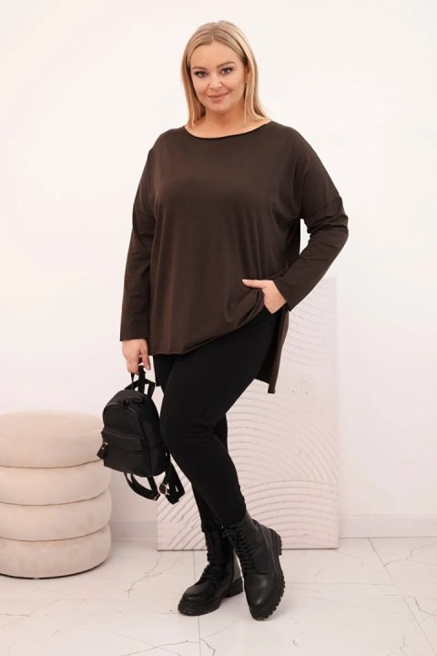 Bluzka damska bawełniana Plus Size asymetryczna z długim rękawem brązowa
