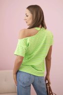 Bluzka damska bawełniana w paski na jedno ramię z chokerem zielona