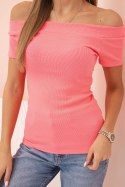 Bluzka damska prążkowana hiszpanka z krótkim rękawem różowy neon