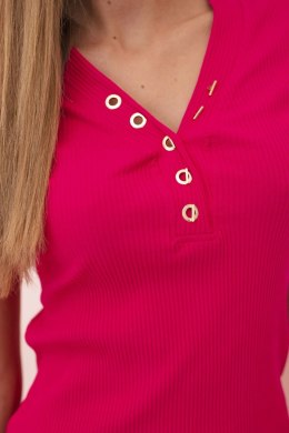 Sukienka damska bawełniana prążkowana z dekoltem V i guzikami fuksja