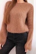 Sweter damski z moheru z bufiastymi rękawami camelowy