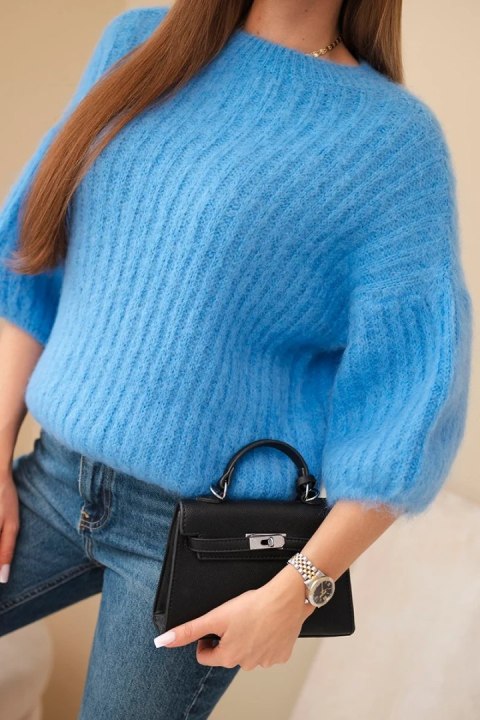 Sweter damski z moheru z krótkim rękawem jeansowy