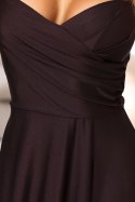 646-1 Długa sukienka wieczorowa na ramiączkach z rozcięciem na nodze - czekoladowy brąz