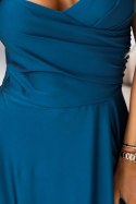 646-2 Długa sukienka wieczorowa na ramiączkach z rozcięciem na nodze - morska