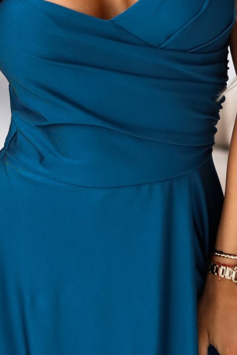 646-2 Długa sukienka wieczorowa na ramiączkach z rozcięciem na nodze - morska