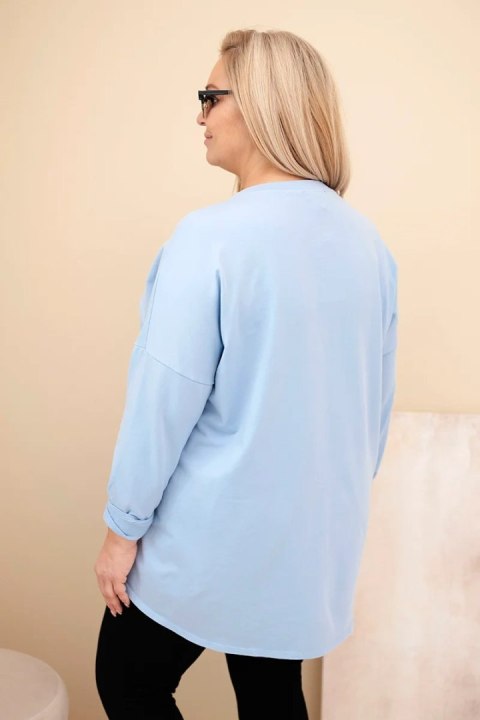 Bluzka damska Plus Size bawełniana z podwijanym rękawem i lampasem w panterkę niebieska