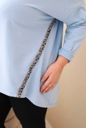 Bluzka damska Plus Size bawełniana z podwijanym rękawem i lampasem w panterkę niebieska