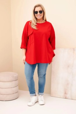 Bluzka damska Plus Size z bawełną z kieszenią i rękawem podwijanym czerwona