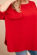 Bluzka damska Plus Size z bawełną z kieszenią i rękawem podwijanym czerwona