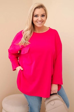 Bluzka damska Plus Size z bawełną z kieszenią i rękawem podwijanym fuksja