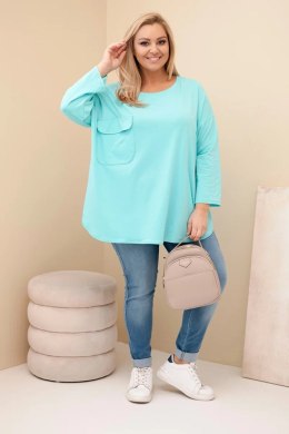 Bluzka damska Plus Size z bawełną z kieszenią i rękawem podwijanym miętowa