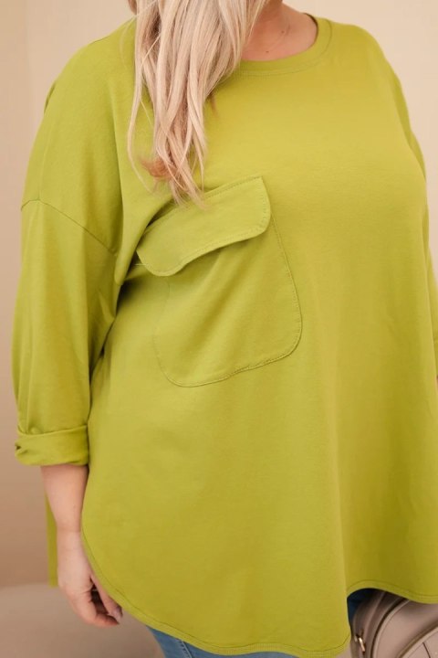 Bluzka damska Plus Size z bawełną z kieszenią i rękawem podwijanym oliwkowa