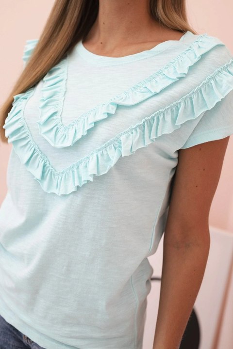 Bluzka damska bawełniana z falbanami na przodzie i rękawkach miętowa