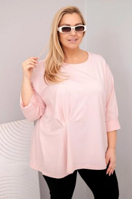 Bluzka damska plus size z bawełną z długim rękawem i marszczeniem pudrowy róż