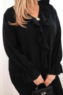Bluzka damska wiskozowa Plus Size z falbaną i ozdobną broszką czarna