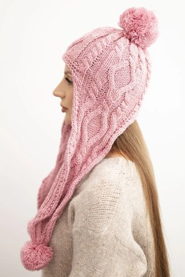 Czapka damska zimowa wełniana z pomponami i przedłużanymi bokami K448 różowa