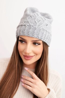 Czapka damska zimowa z wełną zdobiona cekinami i splotem K473 szara