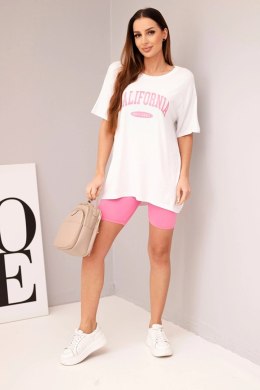 Komplet damski z luźną bluzką i dopasowanymi spodenkami biały + różowy