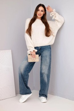 Sweter damski z dodatkiem moheru z grubym splotem i ozdobnymi rękawami beżowy