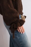 Sweter damski z dodatkiem moheru z grubym splotem i ozdobnymi rękawami brązowy