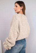 Sweter damski z dodatkiem moheru z grubym splotem i ozdobnymi rękawami ciemno beżowy