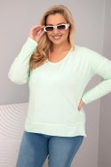 Bluzka damska Plus Size przecierana z dekoltem V i dłuższym tyłem miętowa