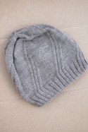 Czapka damska wełniana zimowa z geometrycznym wzorem i delikatnym połyskiem K401 jasno szara