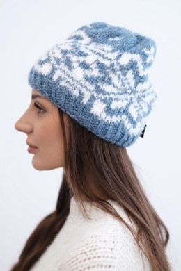 Czapka damska wełniana zimowa z norweskim wzorem K354 jeansowy+biały