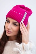 Czapka damska wełniana zimowa z ozdobnym paskiem cyrkonii K402 fuksja