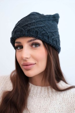 Czapka damska wełniana zimowa z ozdobnym splotem K403 grafitowa