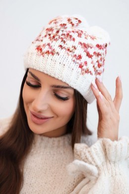 Czapka damska zimowa w kolorowe wzory z grubym ściągaczem K353 biały+czerwony