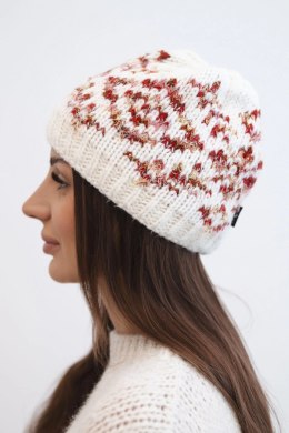 Czapka damska zimowa w kolorowe wzory z grubym ściągaczem K353 biały+czerwony