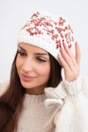 Czapka damska zimowa w kolorowe wzory z grubym ściągaczem K353 biały+rudy