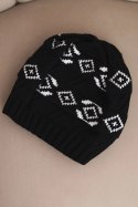 Czapka damska zimowa wełniana z geometrycznym wzorem K434 czarny + biały
