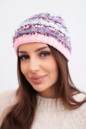 Czapka damska zimowa z kolorową przędzą i elastycznym ściągaczem K352 jasny różowy+fioletowy+niebieski