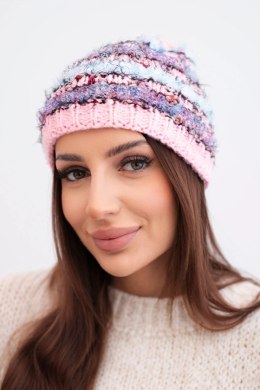 Czapka damska zimowa z kolorową przędzą i elastycznym ściągaczem K352 jasny różowy+fioletowy+niebieski