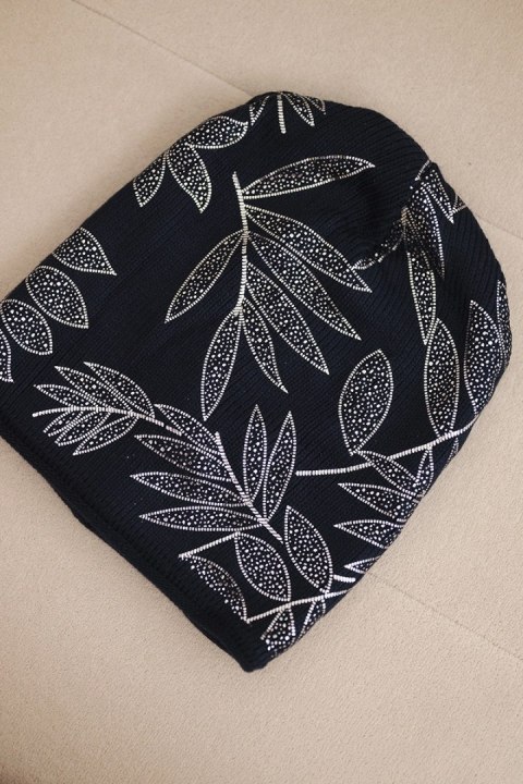 Czapka damska zimowa z moherem i połyskującym wzorem K502 granatowy