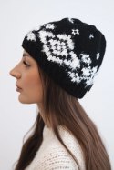 Czapka damska zimowa z norweskim wzorem i grubym splotem K351 czarny+biały