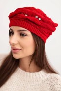 Czapka damska zimowa z ozdobnym splotem i kryształkami K398 czerwona