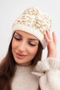 Czapka zimowa damska z kolorową przędzą i grubym ściągaczem K355 ecru+rudy+zielony