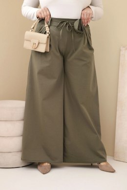Spodnie damskie Plus Size z szeroką nogawką i ozdobnym kwiatem w talii khaki