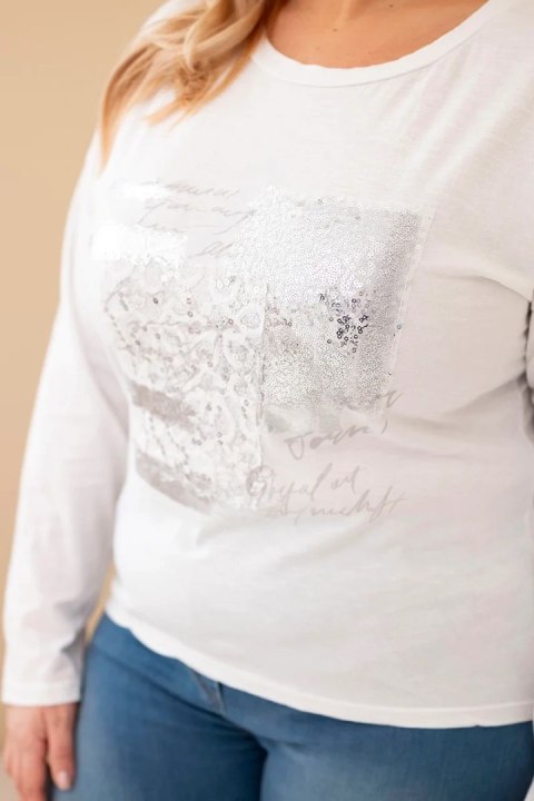 Bluzka damska Plus Size przecierana z nadrukiem i dłuższym tyłem biała