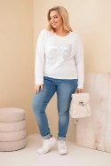 Bluzka damska Plus Size przecierana z nadrukiem i dłuższym tyłem biała
