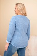 Bluzka damska Plus Size przecierana z nadrukiem i dłuższym tyłem jeansowa