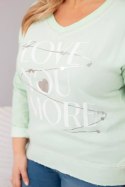 Bluzka damska Plus Size przecierana z napisem Love You More miętowa