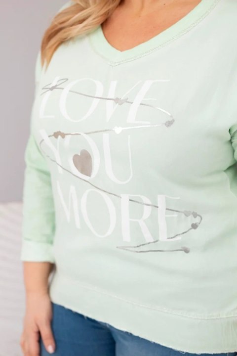 Bluzka damska Plus Size przecierana z napisem Love You More miętowa